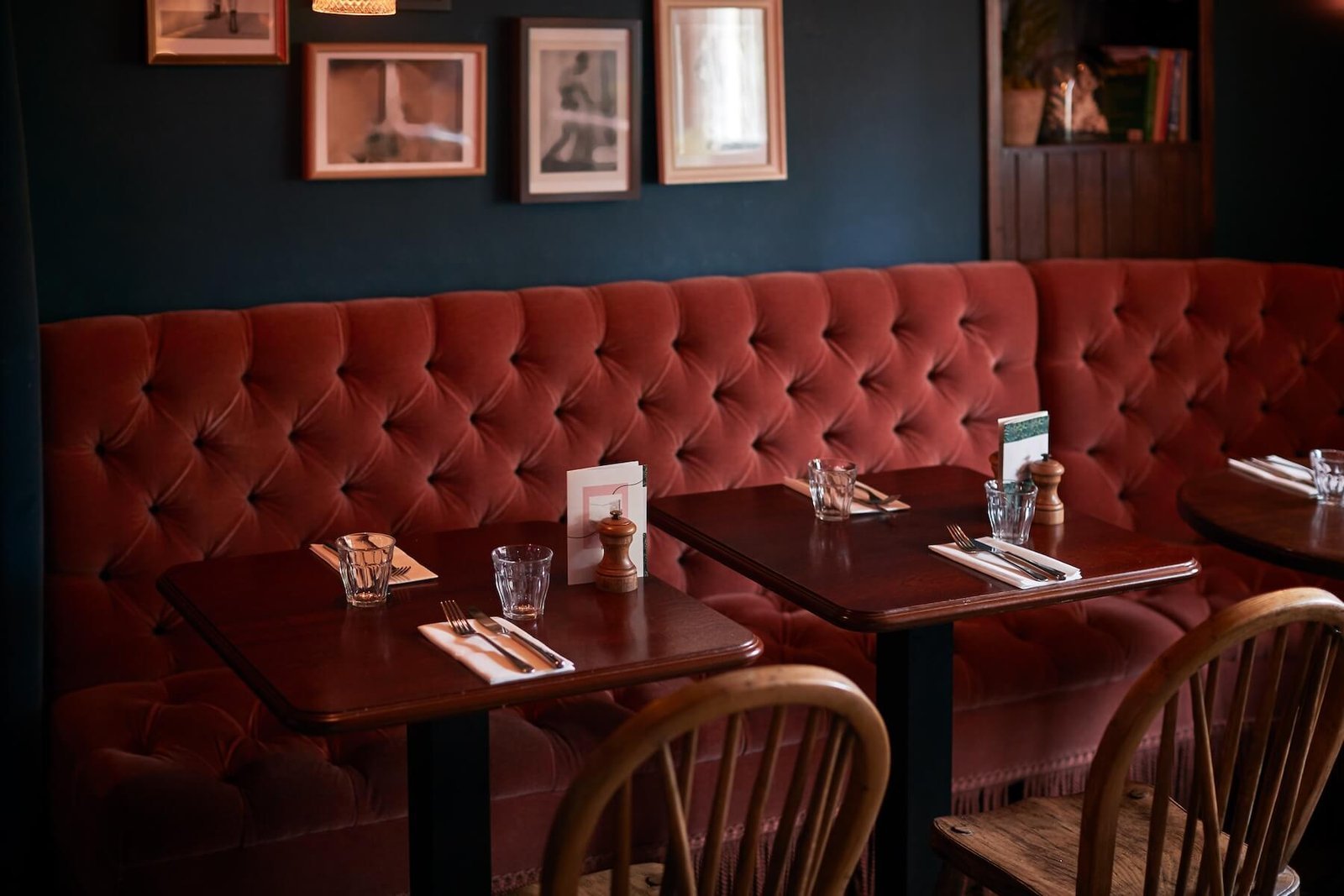 Warm booth seating inside a restaurant